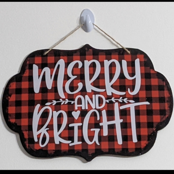 Merry and Bright Farmhouse Handmade Buffalo Plaid Red Hanging Wall Sign, Xmas - Picture 1 of 1